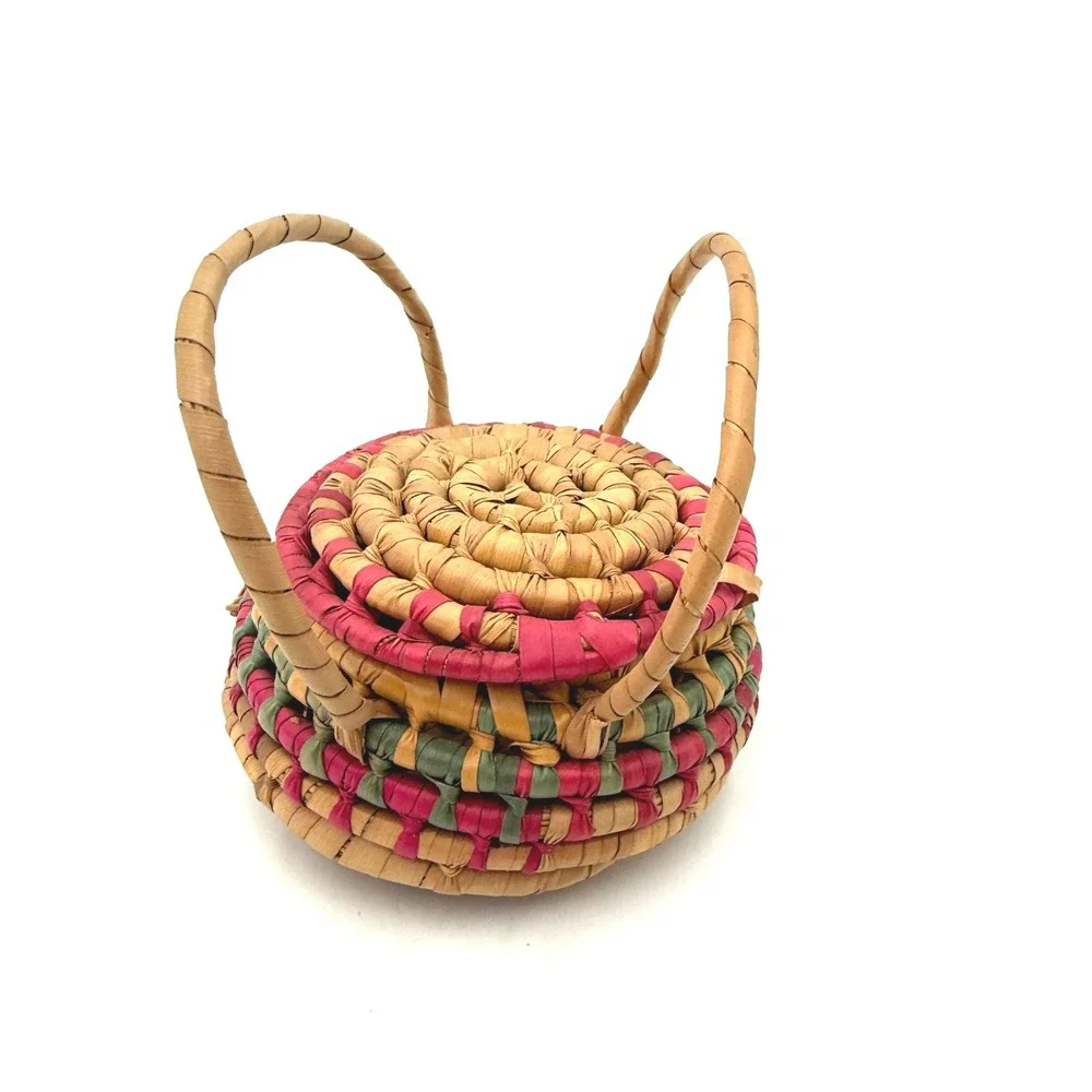 Vintage Small Round Woven Pine Needle Trinket Basket with Lid and‎ Handles Boho